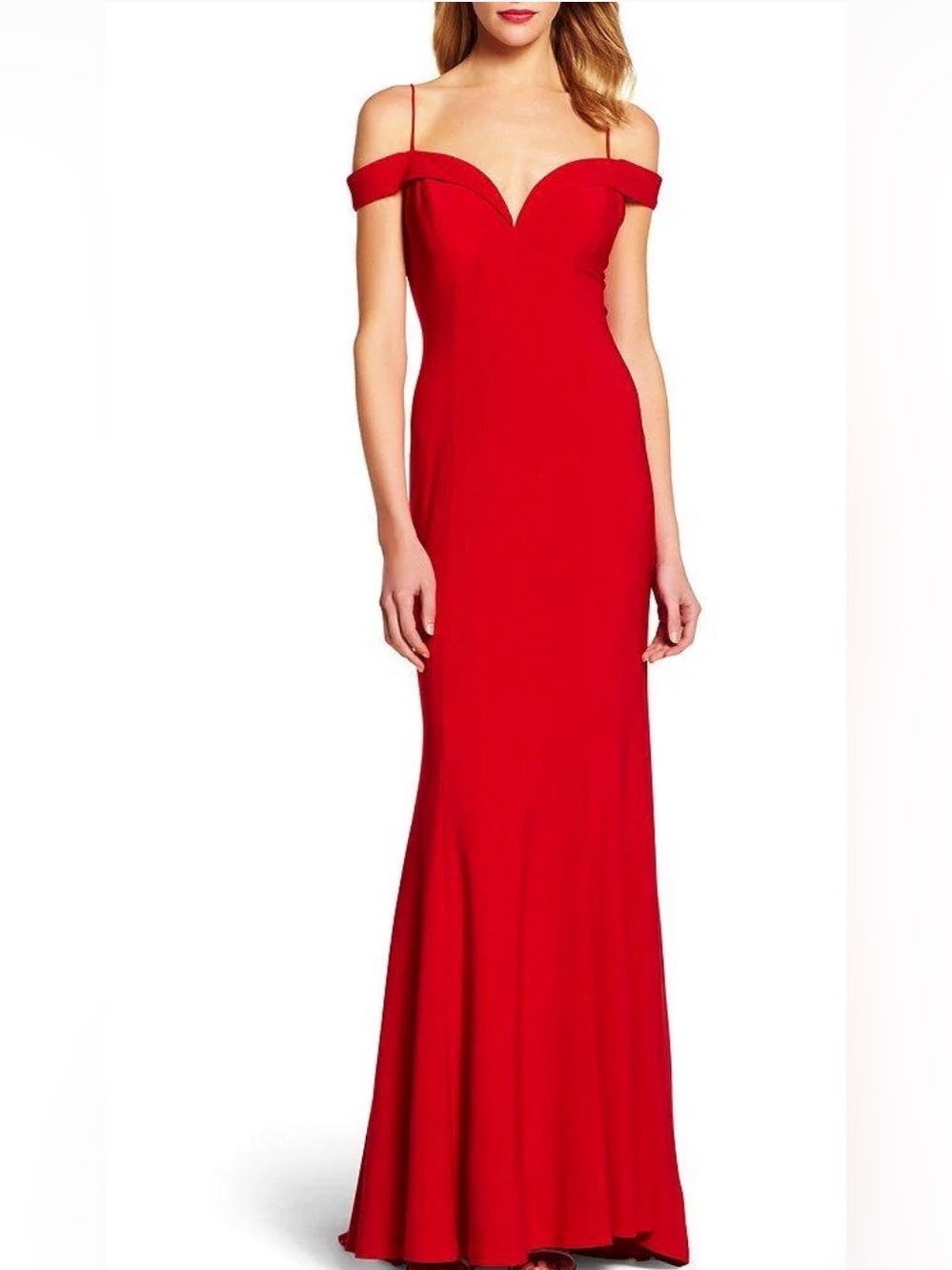 Adrianna Papell Off-Shoulder Empire Dress Elegant Red Evening Gown Sz 4
